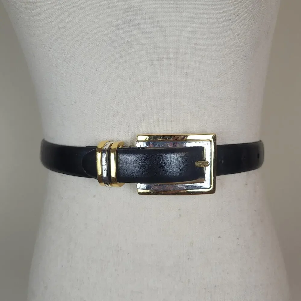 Perry Ellis Belt Small Black Leather Slim Minimalist Tailored 90s Elevated Retro